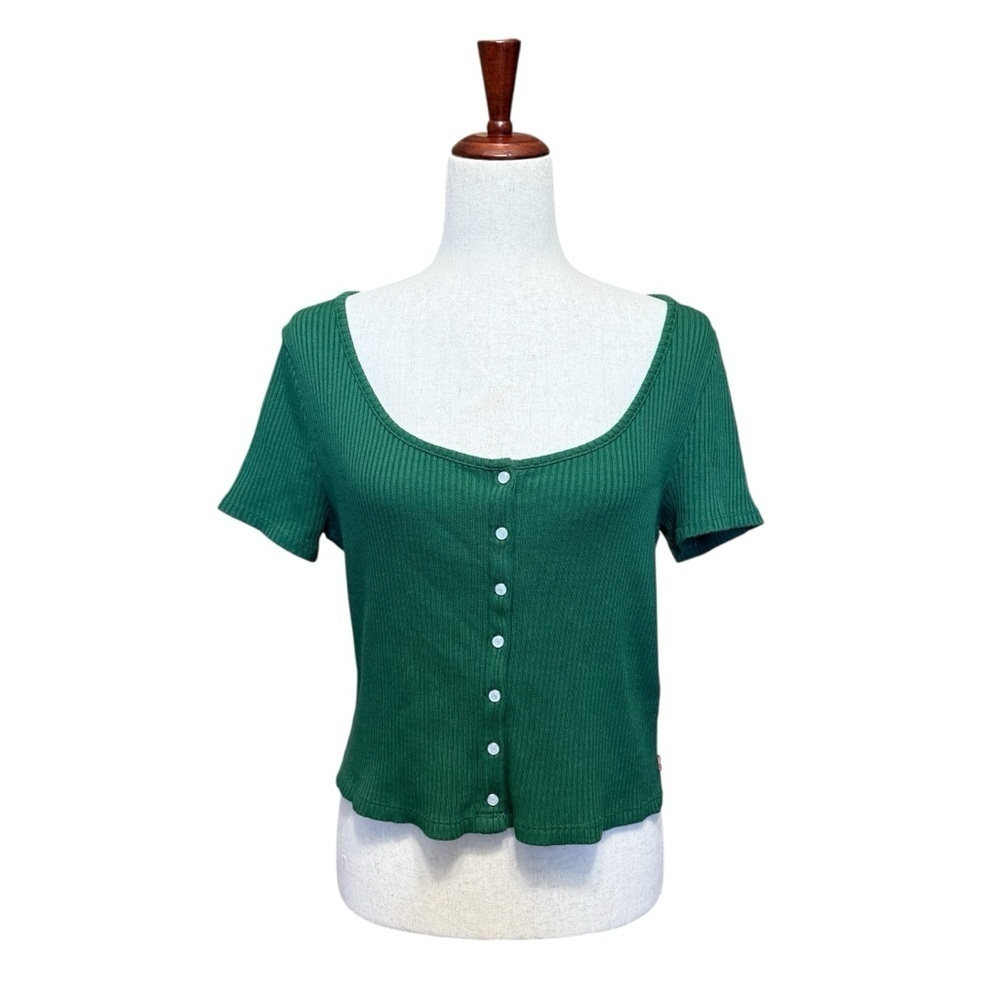 Levi’s Forest Green Pearl Snap Short Sleeve Ribbed Women's Top Size XL #1690